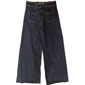Zara Super High Rise Wide Leg Cropped Raw Hem Dark Wash Jeans - Sz 6
